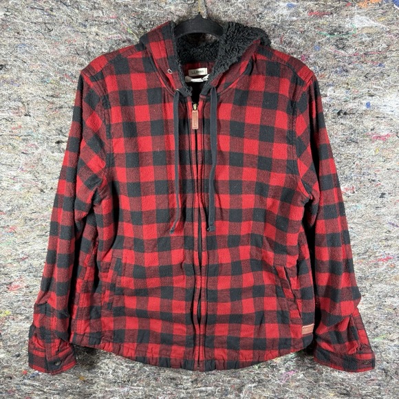 LL Bean Jacket Medium Plaid Sherpa Lined‎ Full Zip Flannel Hoodie Relaxed Fit - Picture 1 of 13